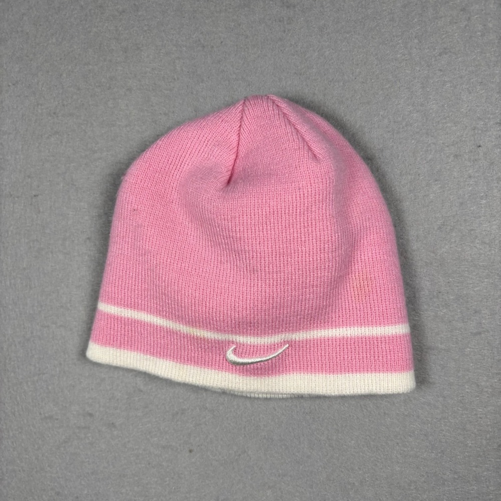 Vintage Nike Girls Beanie Pink White Striped Swoosh Knit Winter Hat Youth OS Y2K